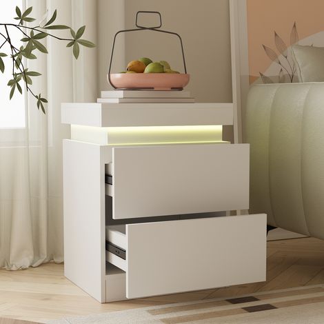 Puluomis Bedside Table with Charging Station, Side Table with RGB Light, End Table with 2 Drawers, Bedroom and Living Room, White