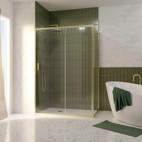 Porta Doccia Scorrevole 140x200cm e Parete Laterale Fissa 90cm - Finitura Oro Spazzolato - Vetro 6mm