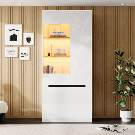 Vitrine de collection blanche brillante LED, 4 portes battantes verre de sécurité 80×35×180cm pour salon, salle à manger et chambre (1/5)
