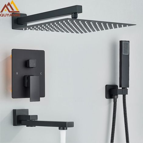Système de douche à effet pluie noir mat avec pommeau de douche, ensemble de robinets de douche encastrés avec bec de baignoire