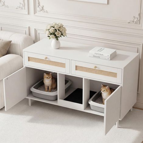 Meuble pour litière avec tapis, meuble pour animaux avec tiroir en rotin, buffet/meuble TV pour animaux, sans bac à litière, blanc, 120 x 50 x 65 cm