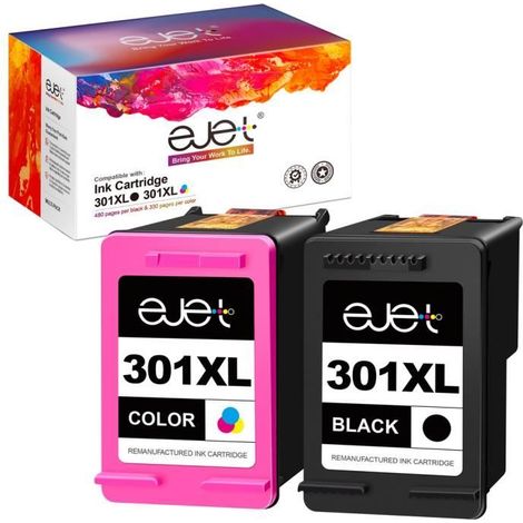 301 XL Cartouches d\'encre Remanufacturées EJET 2 Pack Compatibles pour HP 301 pour Deskjet 1000 1010 1050 1050A 1510 1510 1512 1514 (1/4)