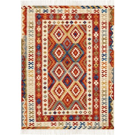 Tapis Kilim Multicolore en Laine 160 x 230 cm avec Frange Oriental Fait Main Oshakan (1/5)