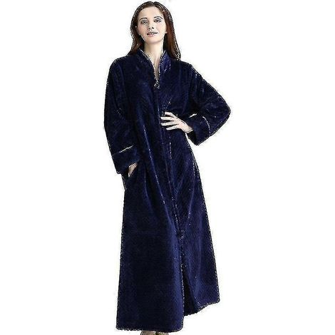 Peignoir zippé pour femme, en flanelle polaire, robe de chambre chaude pour l'hiver, chemise de nuit bleue M (1/2)