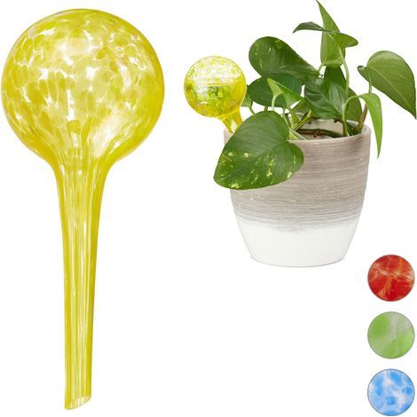 Globes d’arrosage, lot de 4, distributeur eau, irrigation plantes et fleurs, outil de bureau, Ø 6cm, 75 ml, verre, jaune
