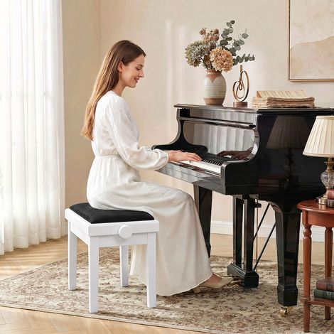 Tabouret/banc de piano réglable en hauteur avec coussin rembourré aspect velours, pieds en hévéa, blanc (1/5)