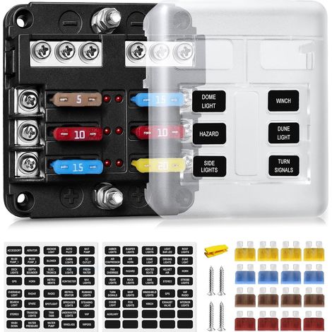 ATC/ATO-Flachsicherungsblöcke, Kfz-Sicherungshalter, 6-fach Kfz-Sicherungskasten mit Minuspolanzeige für Pkw, Boot, Transporter, SUV