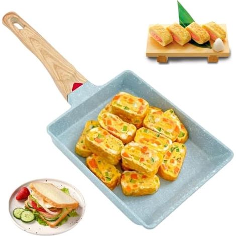Poêle à omelette japonaise Tamagoyaki, mini poêle à œufs antiadhésive, poêle rectangulaire Tamago en alliage d'aluminium avec manche en bois pour plaques de cuisson à gaz, à induction et autres. (1/5)