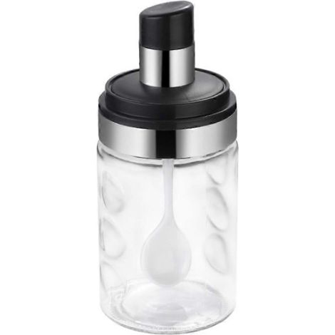 Pot à sauce en verre transparent avec couvercle, cuillère combinée, récipient pour conserver les épices, le sel et le sucre. (1/5)