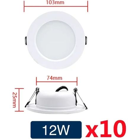 (12W-AC220V) Lot de 10 spots LED encastrés ronds, corps blanc, éclairage intérieur LED pour chambre à coucher. (1/5)