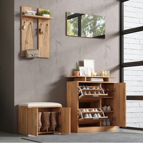 Conjunto de recibidor 140x35x133 cm natural en tablero de partículas con espejo, banco zapatero y armario (1/5)