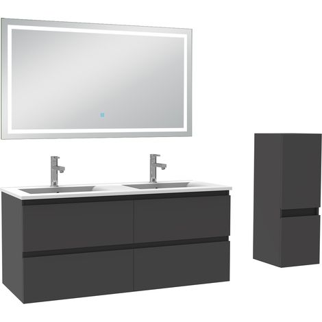 Ensemble meuble de salle de bain 120cm, vasque céramique + colonne bas + LED miroir mural, anthracite (1/5)