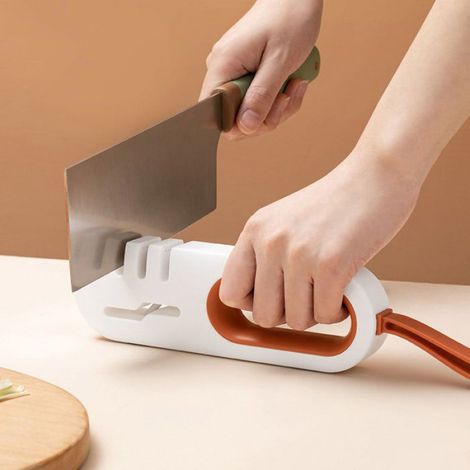 Aiguiseur de couteaux de cuisine, appareil d'affûtage de ciseaux fins, rapide, portable, portable, design suspendu, blanc, orange (1/5)