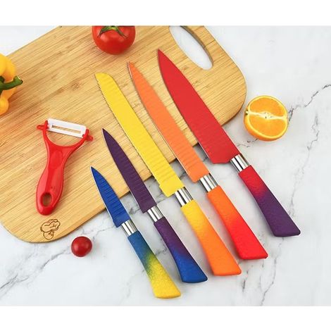 TrAdE Shop Traesio - Set Di Coltelli Da 6pz Colorati Con Lama In Rilievo Maniglia Antiscivolo Utensili Cucina - (1/3)
