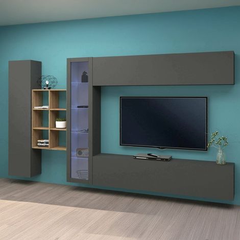 Dmora - Pared Equipada Dcavio, Conjunto de salón Mueble TV con 4 puertas, Mueble de salón polivalente con vitrina y luz LED, 100% Made in Italy, cm 280x30h180, Antracita y Arce (1/5)
