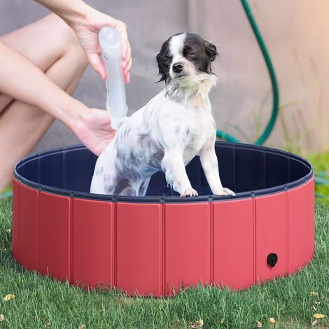 PawHut Vasca da bagno pieghevole per cani, piscina per cani, piscina per bambini, piscina per cani e gatti, plastica e legno, rossa, Ø100 x H30 cm