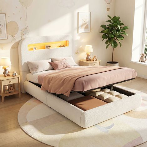 Upholstered bed, single bed, children's bed, 3ft-90 x 190cm, hydraulic bed, bed with headboard and large storage space, LED lighting, solid wood legs, white, bouclé