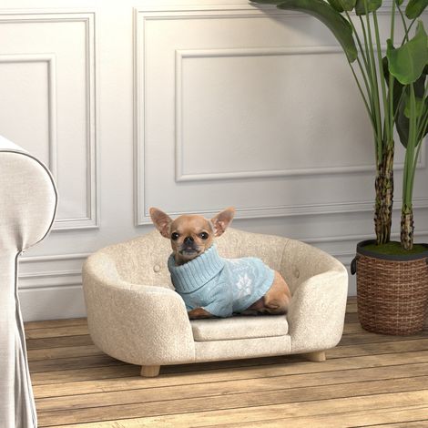 Cama para perros (70x47x30 cm), con cojín extraíble y lavable, superficie repelente al agua, madera, blanco crema (1/5)