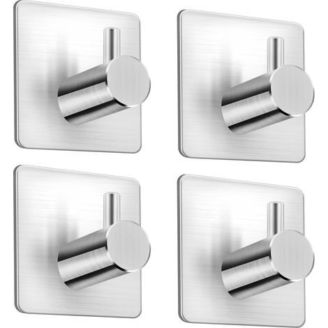 No-Drill Stainless Steel Towel Rack - 4 Extra Strong Adhesive Hooks, Rust-Resistant Self-Adhesive Wall Hooks for Bathroom, Kitchen, Office, Silver (1/5)