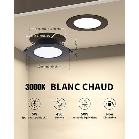 Spot LED Encastrable Noir 5W, Blanc Froid 6000K, Trous Ø75-90mm (1/4)