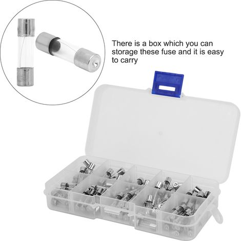 Schachtel mit 100 Universal-Glassicherungen, 5 x 20 mm, 0,2 A bis 20 A, 0 V bis 250 V, 10 verschiedene Typen, je 10 Stück, 10 Fächer pro Schachtel (1/5)