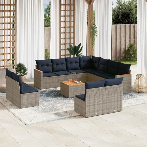Salon de jardin modulable 12 pièces en résine tressée grise, coussins bleu marine, 90kg - PANGIVO (1/5)