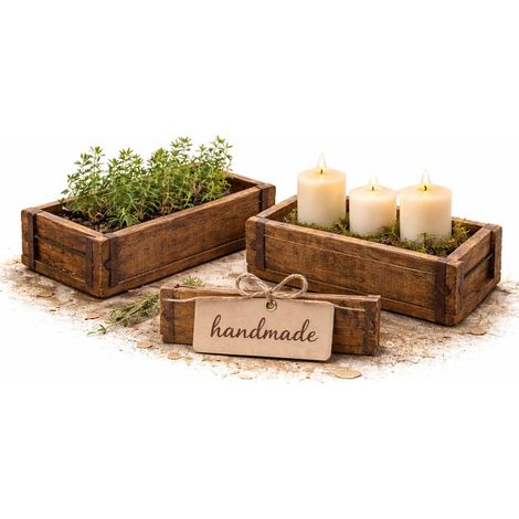 lot de 2 caisses en bois uniques en forme de brique avec ferrures métalliques marron en vieux bois 32 cm boîte de rangement rustique boîte en bois aspect usé style maison de campagne rétro f (1/5)