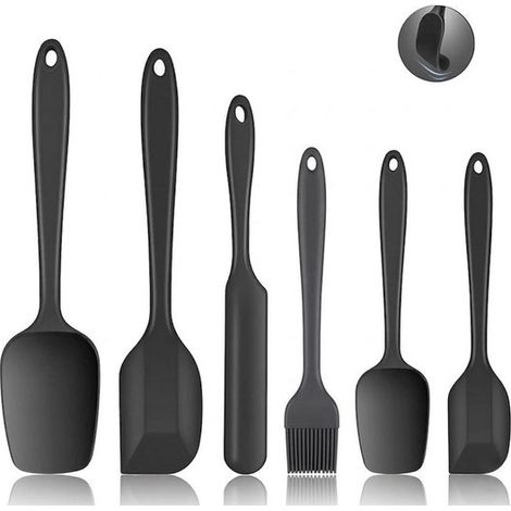 Espátula de silicona，juego de 6，espátula flexible resistente al calor con núcleo de acero inoxidable，para cocina y pasteles (negra) (1/5)
