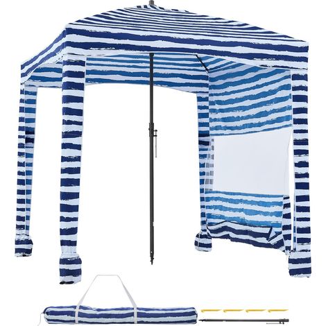 Cabane de Plage 1,83m x 1,83m, auvent avec pan latéral, protection UPF 50+, montage facile, poches à sable, ombrage portable pour famille et amis, rayures marine. (1/5)