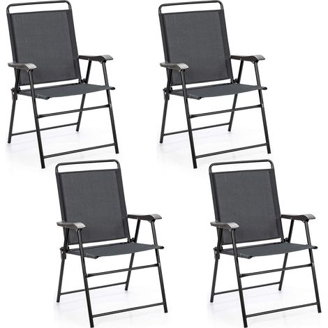 GOPLUS Lot de 4 Chaises Pliantes de Jardin Charge 150KG avec Accoudoirs Courbés/Dossier Haut-Cadre en Métal et Assise en Tissu Noir (1/5)