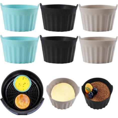 6PCS Moule Silicone Air Fryer,Plat Pour Friteuse Sans Huile,Coupe Moule,Moule Pour Gâteau Au Four,Moule à Tarte Aux Oeufs，Air friteuse Accessoires, Silicone Bakeware，Noir + gris+bleu (1/5)