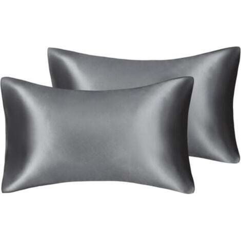 Taie d'oreiller en satin soyeux pour cheveux et visage - Lot de 2 - Anti-rides - Fermeture éclair dissimulée - 50 x 75 cm (Gris) (1/4)