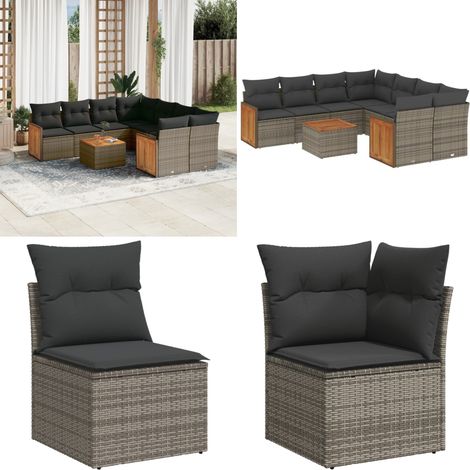 9-tlg. Garten-Sofagarnitur mit Kissen Grau Poly Rattan - Gartenmöbel Set - Rattan Möbel - Outdoor Lounge - Esstisch - Sofasatz - Home & Living (1/5)