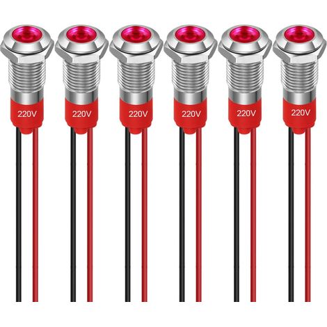 6pcs 8mm Voyant LED 220-230V Signal Lumineux étanche Panneau Métallique Voyant LED Montage sur Panneau Tête Plate avec Fils Coque Argentée (Rouge) (1/5)