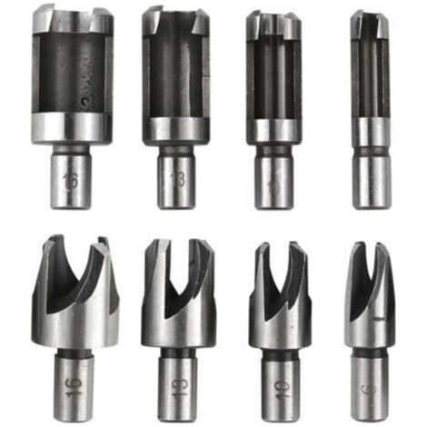 Fraise à Bouchonner Bois Acier Carbone 8 Pièces - Set de Mèches à Plug Coniques et Griffes pour Perceuse, Tailles 6 mm/10 mm/13 mm/16 mm (1/4)