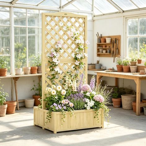 Jardinière surélevée double avec treillis pliable de 140 cm, 2 bacs de 45 L pour plantes grimpantes, potager vertical en bois clair pour jardin et terrasse – CHICFURN (1/5)