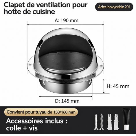 Chapeau de ventilation mural extérieur inox 201 avec grille et clapet Ø 150 mm 201 φ150mm réf 6362 1 kg – Livraison gratuite