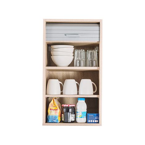 Beaux Meubles Pas Chers – Meuble haut de cuisine chêne avec rideau coulissant – 2 étagères réglables – Dimensions L 40 x H 72 x P 35 cm – Coloris aluminium