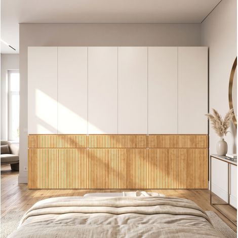 Armadio HAVRYA 12 ante, 3 cassetti e 3 appendiabiti, 270 x 50 x 200 cm, rovere chiaro e grigio (1/5)
