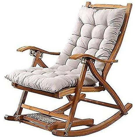 Chaise longue pliante à bascule, coussin en coton moelleux, assise en bambou, dossier en bois, gris, 1,2 m, coussin confortable de haute qualité, fauteuil inclinable repliable (1/5)
