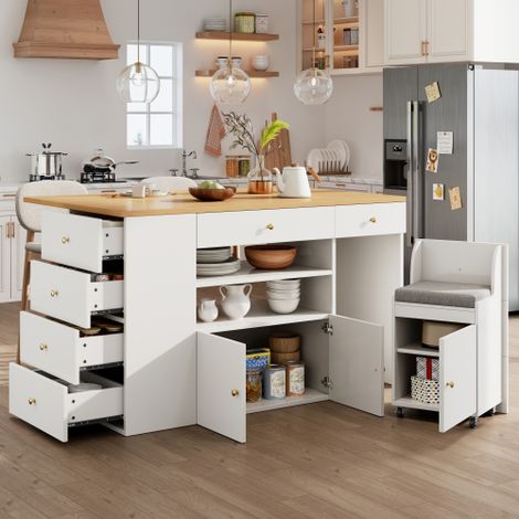 Îlot de Cuisine Moderne avec Plateau Pliable, Tiroirs et Étagères, 140x40x90 cm, Buffet Multifonction en MDF pour Rangement et Table à Manger,Blanc (1/5)