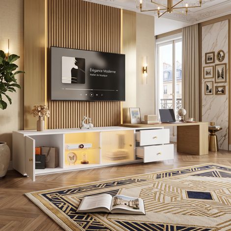 Creahappy Meuble TV Extensible 175-225x40 cm avec LED RGB - Grand Rangement Portes Verre Cannelé & Tiroirs - Blanc et Bois (1/5)