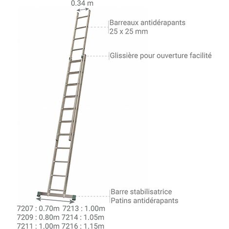 Matisère – Échelle coulissante aluminium 2 plans pour accès toiture – Longueur pliée 3.13m, dépliée 5.12m – Patins antidérapants – 7211