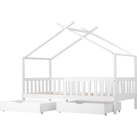 Letto cabina bambino bianco 200 x 90 cm con 2 cassetti, sponde di sicurezza e rete a doghe (1/5)