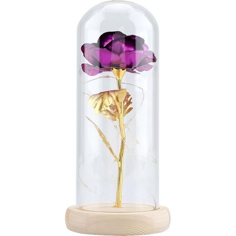 LED-Lichterkette in Form einer konservierten Rose mit Glasabdeckung und Holzsockel, für Valentinstag, Hochzeiten, lila (1/5)