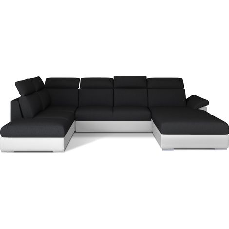 Canapé Convertible Panoramique LEVANO Tissu et Simili Cuir, Têtières à droite-Blanc/Noir-Coffre à droite (1/5)
