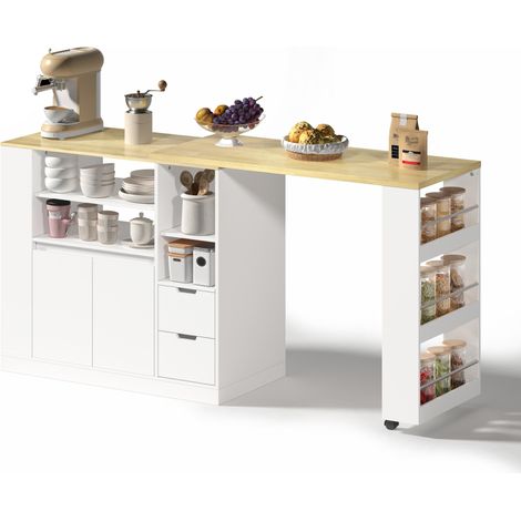 Kücheninsel mit Drehbarer Ausziehbarer Arbeitsplatte, 2 Schubladen und 3-stufigem Regal, aus MDF, 115x50x92 cm, Weiß Natur (1/5)