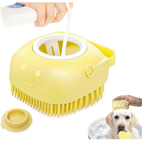 Weiche Silikon-Badebürste, geeignet für Hunde und Katzen - integrierte Aufbewahrungsbox für Shampoo-Spender - sanfte Massage und Fellpflege für kurzes und langes Fell (gelb) (1/5)