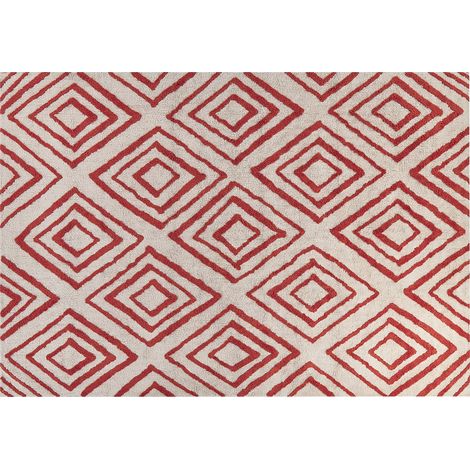 Alfombra de algodón blanco crema rojo 160 x 230 cm hecho a mano geométrico Haskoy