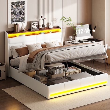 Cama con almacenamiento 140x200 cm, cama tapizada con somier de láminas, con iluminación LED y puerto de carga USB, almacenamiento, diseño moderno, Blanco